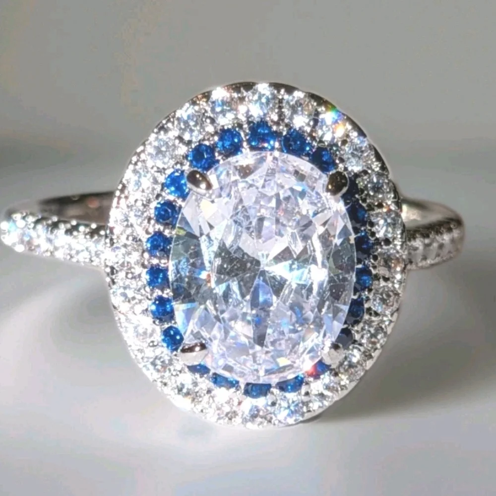 3Ct 925 Silver Oval Cut Blue Halo White Diamond Simulated Engagement Ring  Sz 10